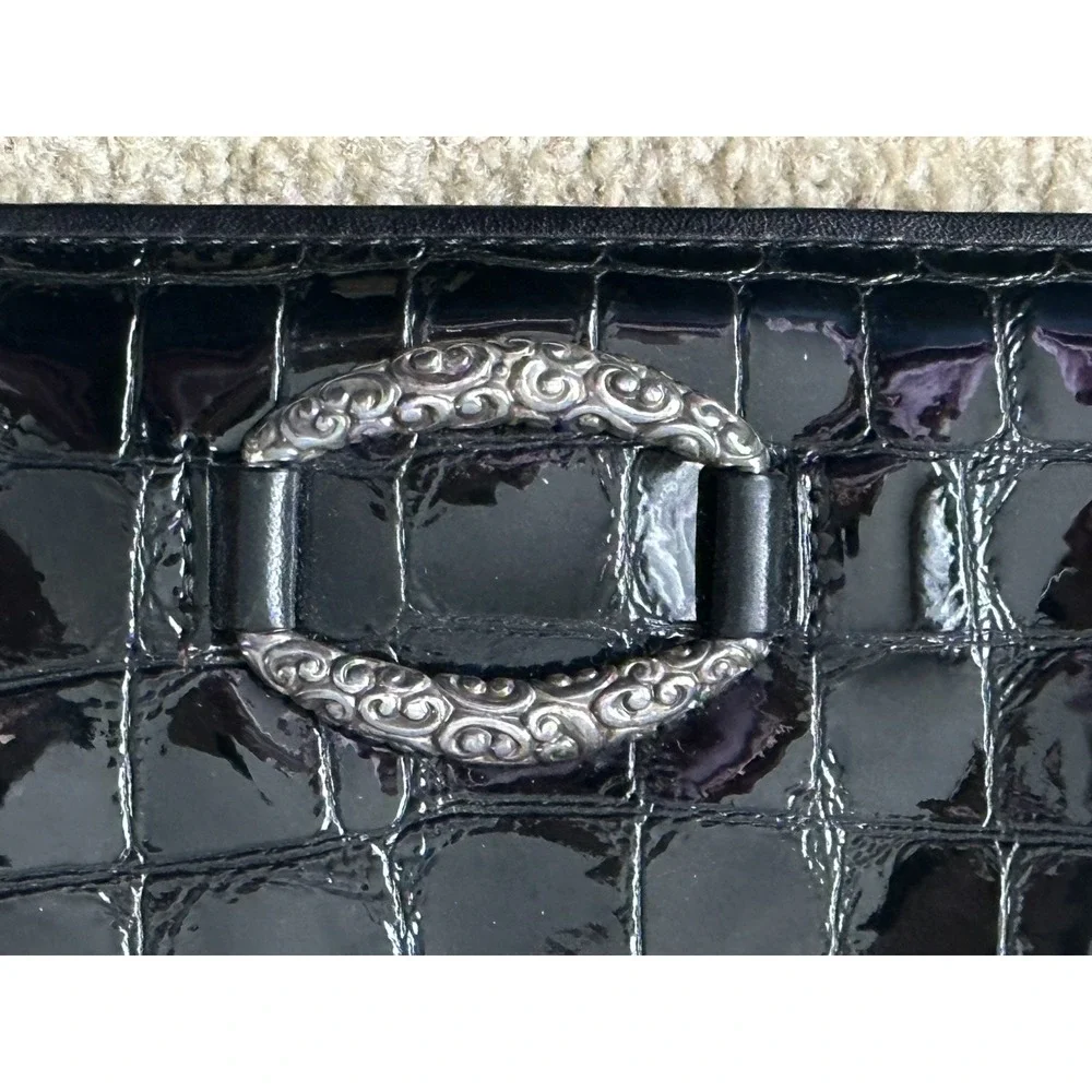 Brighton Patent Leather WALLET Crossbody Convertible‎ Clutch BLACK Croc Tri Fold